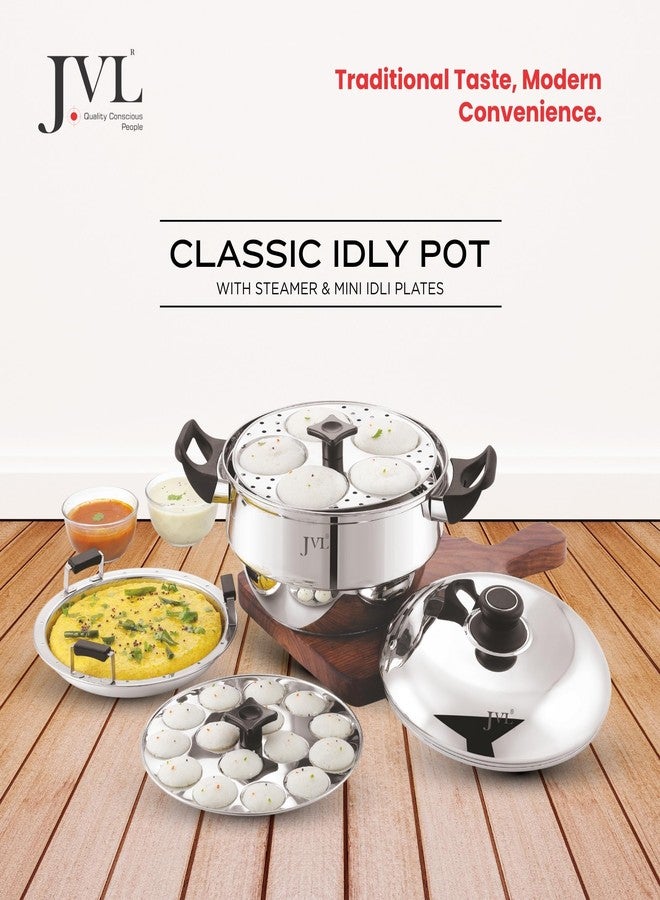 JVL 4-in-1 Classic Idly Pot with Tri-Ply Base, Idly & Mini Idly Maker, Steamer, Converts to Deep Kadai, Cool-Touch Handles, Stainless Steel, Induction Compatible (12 Idlies, 1 Mini Idly) - Image 2